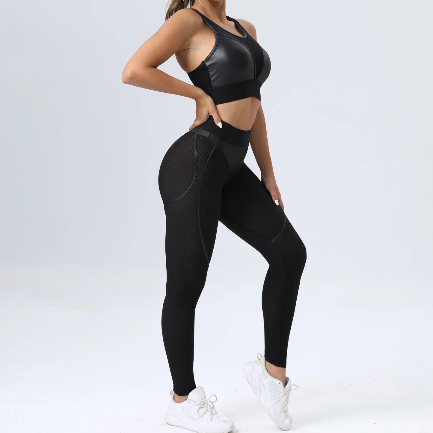 Bright Solid Colour Options Gym Set Women Mesh Suit for Fitness Sportswear 2024 Tracksuit Yoga Clothes Transparent 2 Piece Sets Women Outfit Black Pink
