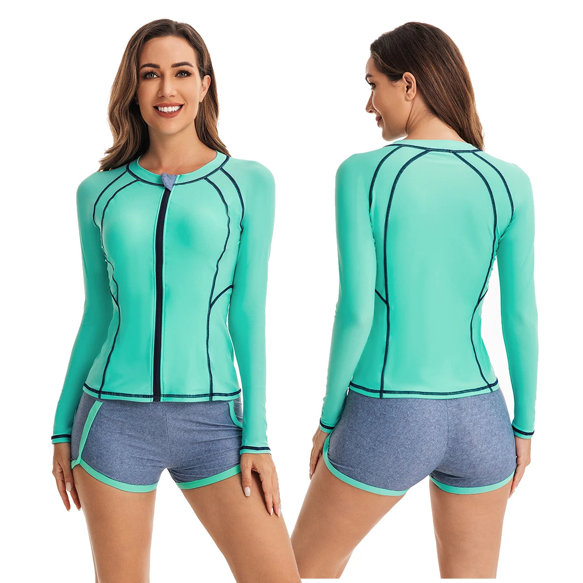Women's Two Piece Long Sleeve Bathing Suits UV Protection Rash Guard Surfing Swimsuit Print Tankini Set Zip Padded Shirt+Shorts
