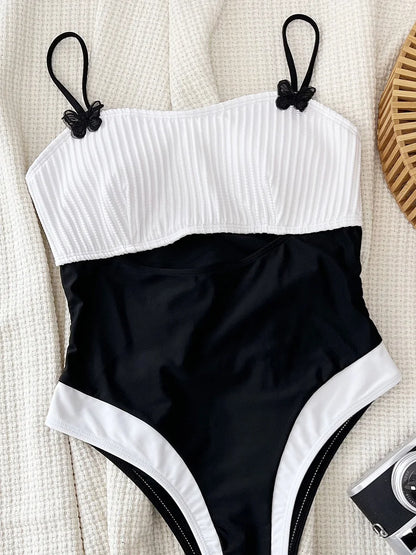 Splicing Wrinkled Women Swimwear One Piece Swimsuit Female High Cut Monokini Black Contrast Bathing Suit Swim Beach Wear