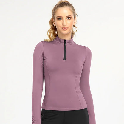 Long Sleeve Yoga Shirt with Half Zip Slim Waist Line Sports Shirts Fashion Half Zipper Thumb Hole Soft Light Gym Tops
