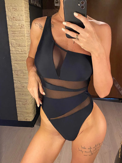 One Shoulder Splicing Mesh Sheer Women Swimwear One Piece Swimsuit Female Monokini High Leg Cut Bather Bathing Suit Swim