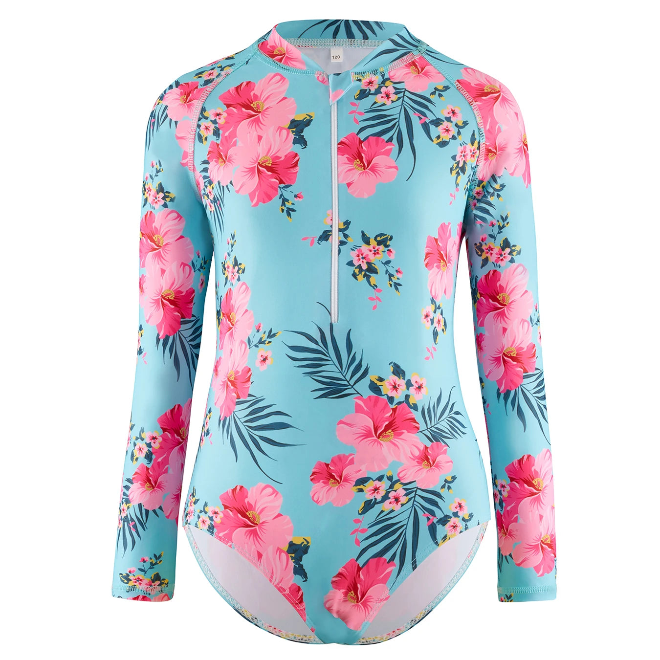 Girls Swimsuit One-Piece Long Sleeve Pink Floral Print Swimwear Beach Style Kids Tween Swim Rash Guard Summer