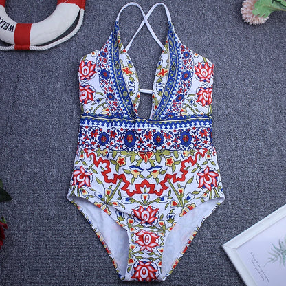 Women Vintage Backless One Piece Swimwear Woman Swimsuit Deep V Summer Beachwear Print Slimming Bathing Suit Femme