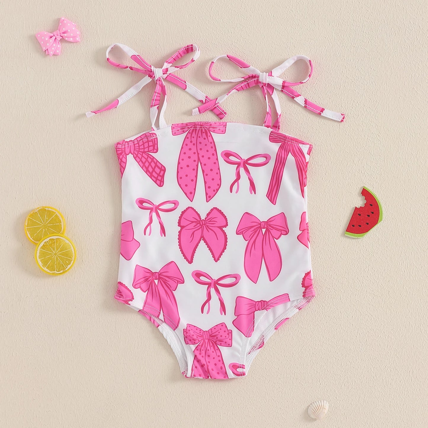 Kids Girls Sleeveless Bikini Swimsuit Cute Elastic Bow Print Strap Children Swimwear for Summer Beach Bathing Suit