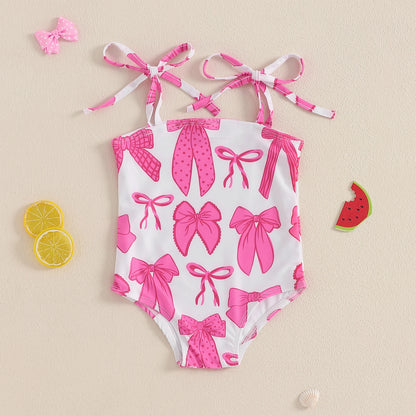 Kids Girls Sleeveless Bikini Swimsuit Cute Elastic Bow Print Strap Children Swimwear for Summer Beach Bathing Suit