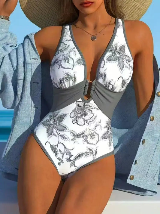 V Cut Women's Printed One Piece Tankini Set Summer Beach Vacation Swimwear Floral Pattern Halter Bodysuit Women's Swimsuit Female