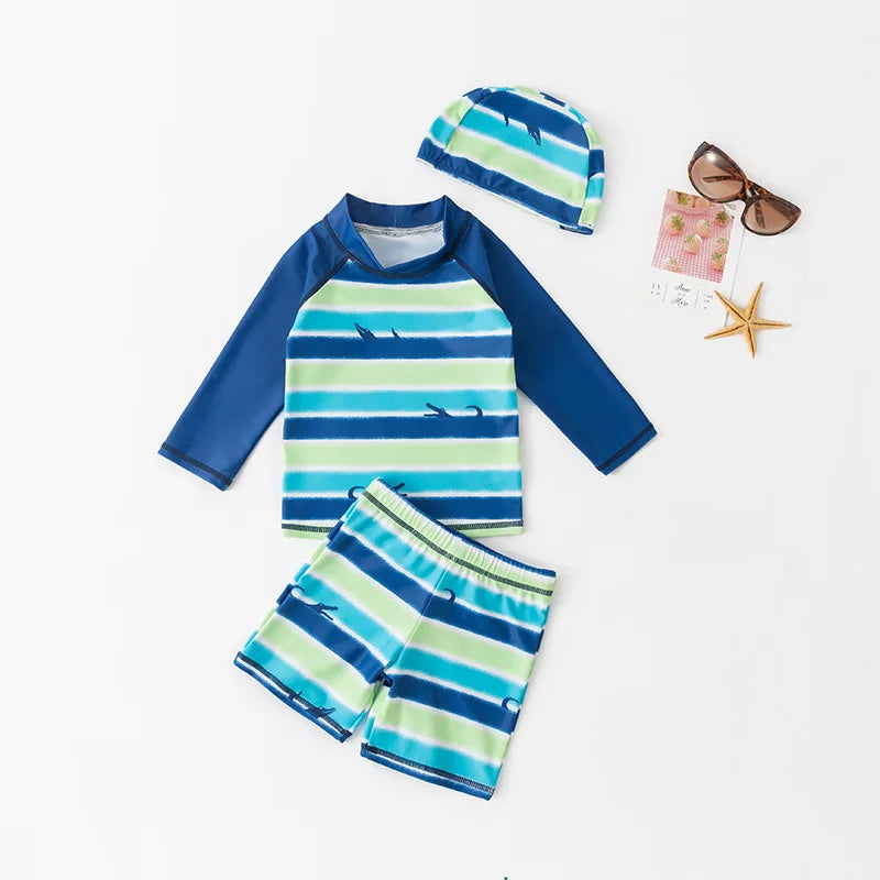 Boys' Cartoon Rash Guard Swim Set with Shorts & Hat