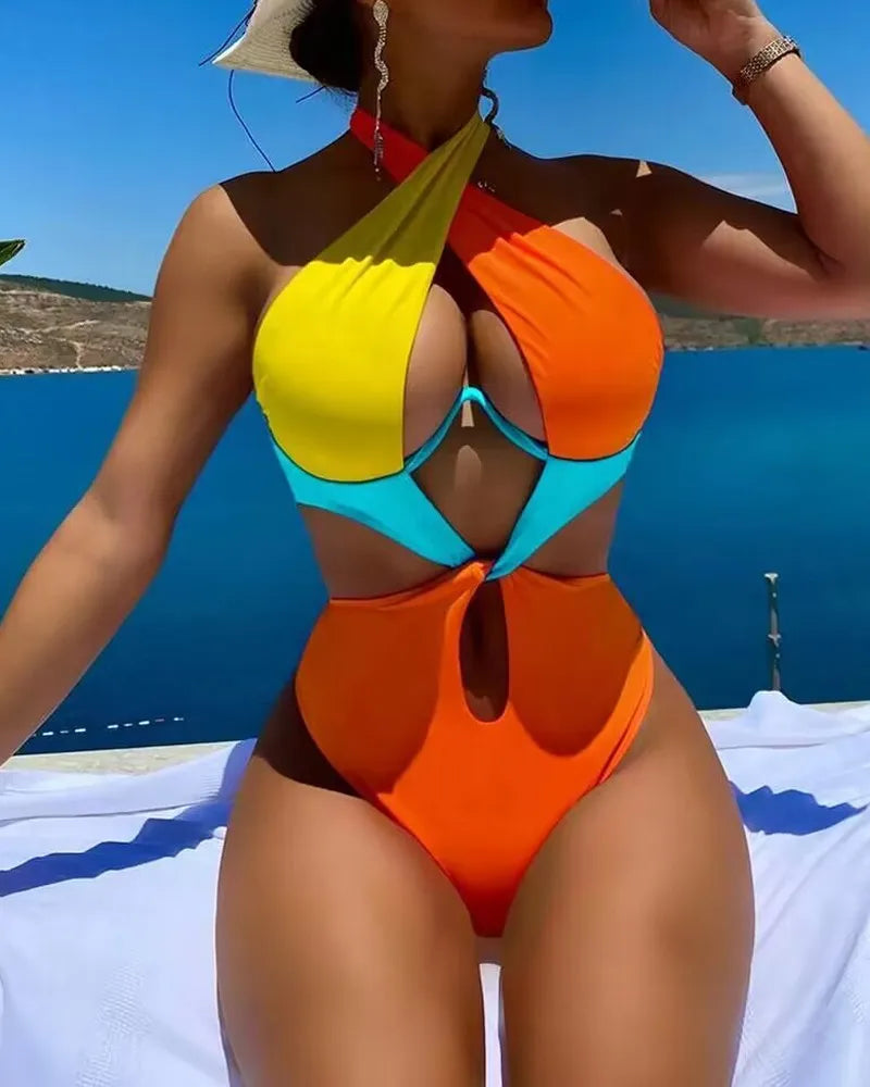Orange Patchwork One Piece Swimwear Women Halter Cross Underwire Hollow Out Backless Bathing Suit Holiday Swimsuit