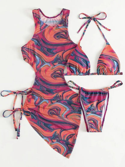 3 Piece Print Halter Triangle Bikini Sets Women Cover Up Swimwear Summer Swimsuit Female Bathing Swimming Suit Beachwear