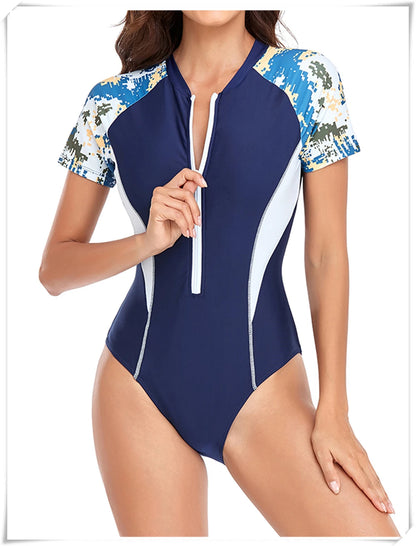 Short Sleeve Zipper One Piece Swimsuit Zebra Print Swimwear Women Diving Clothes Surfing Beachwear Bathing Swimming Suit