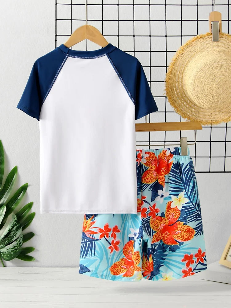 Boys' White Letter-Print Short-Sleeve Rash Guard & Shorts Set