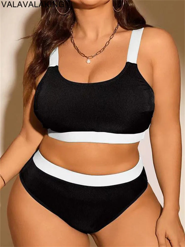 Solid Patchwork Two Pie Plus Size Bikini Women High Waist Large Swimsuit Lady Swimwear Beach Curvy Bathing Suit
