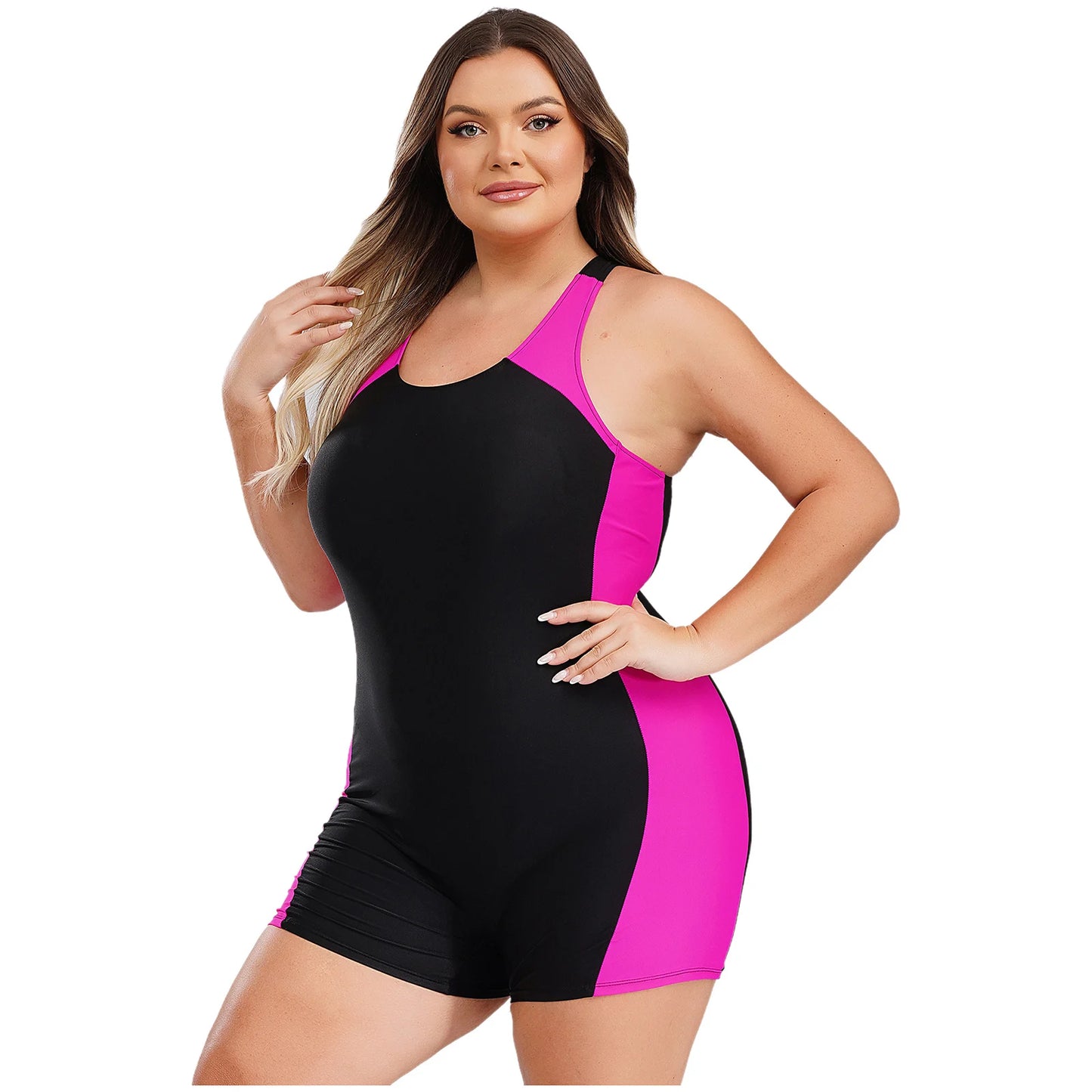 Women Swimsuit Plus Size One-piece Swimwear Swimming Jumpsuit U Neck Big Size Short Jumpsuit Bodysuit Pool Swimming Bathing Suit