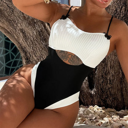Splicing Cut Out Ribbed One Piece Swimsuit Women Swimwear Female High Leg Cut Padded Bather Bathing Suit Swim