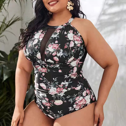 Plus Size One Piece Women's Large Size Swimsuit Vintage Printed Tummy Control Bathing Suit Push Up Monokinis Swimwear