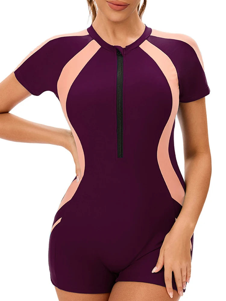 Contrast Color Rash Guards Women O Neck Zippers Short Sleeve Bodysuit Holiday Fashion Slim Bathing Suit