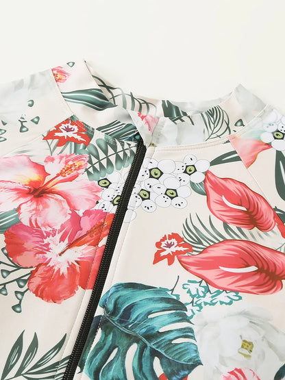Floral Printed Long Sleeve Surfing Swimsuit With Zipper Women Swimwear Female Bathers Bathing Swimming Swim Suit Beachwear