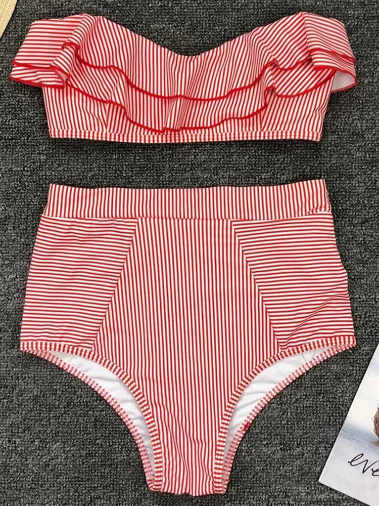 Striped Top Ruffle High Waist Bikini Women Swimwear Female Swimsuit Two-pieces Bikini set Bandeau Bikinis Bathing Suit Swim