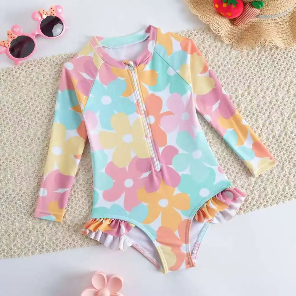 Printed Little Girls Swimsuit One Piece Long Sleeves Kids Swimwear Female Children's Bathers Bathing Swimming Swim Suit