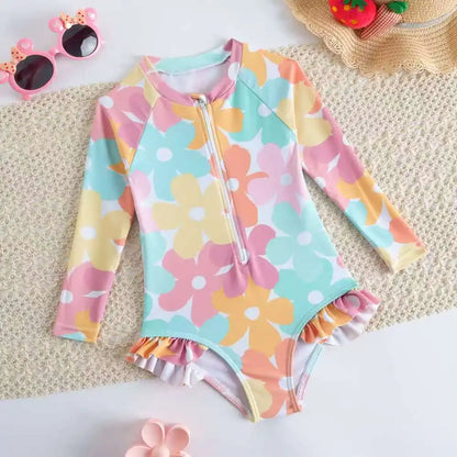 Printed Little Girls Swimsuit One Piece Long Sleeves Kids Swimwear Female Children's Bathers Bathing Swimming Swim Suit