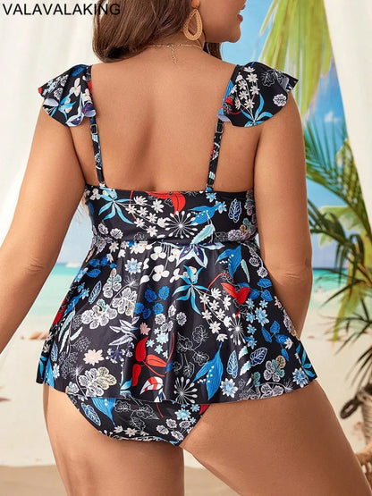 Plus Size Print 2 Piece Plus Size Tankini Set Women Strapped Large Big Swimsuit Beach Curvy Bathing Suit