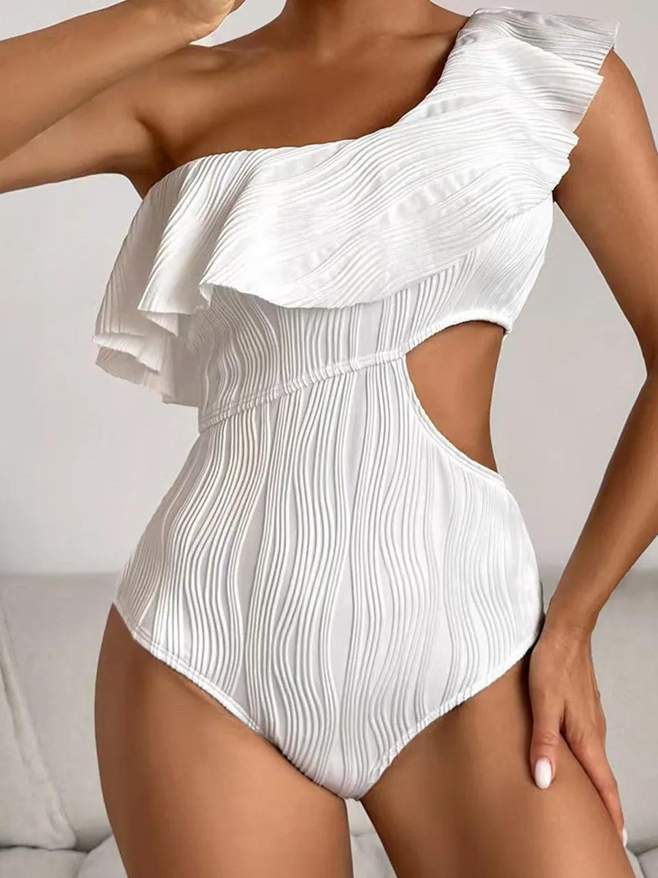 One Shoulder Solid Swimsuit Women One Piece Ruffle Ribbed Swimwear Female Hollow Bathers Bathing Swimming Suit Padded Beachwear