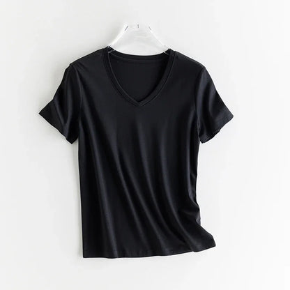 10% Silk & Mercerized Cotton Women T-shirt Luxury Tee Short Sleeve Silky Feeling Summer Wear Tops V / O-neck