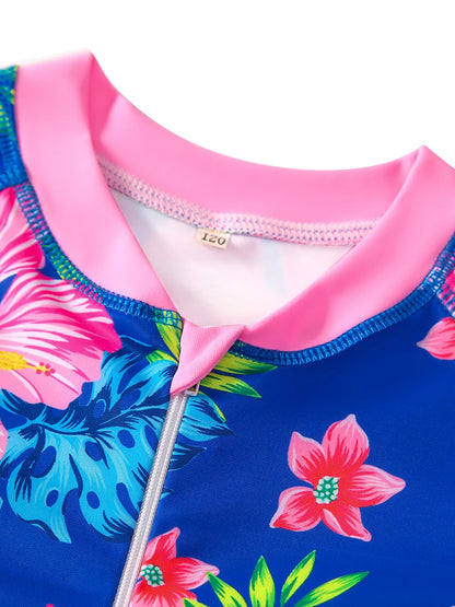 One-Piece Swimwear Girl Swimming Suit Kids Long Sleeve All-Over Plants Floral Print Blue Swimsuit Beach Pool Play Water Top