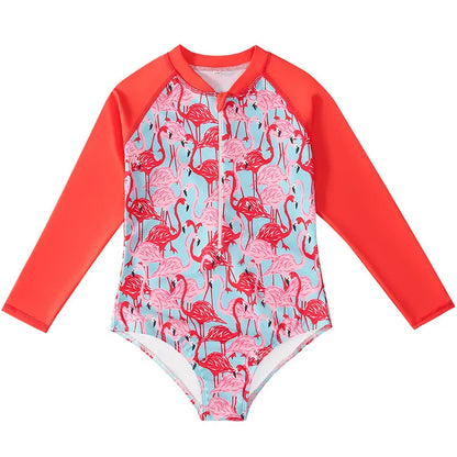 European And American Style Girls One-piece Swimsuit 4-12Years Kids Long Sleeves Broken Flowers Print Bathing Suit