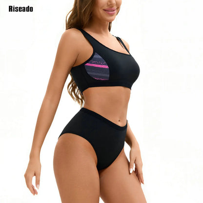 Women's High Waisted Bikini Set Sporty 2 Piece Bathing Suit Modest Racerback Swimsuit Scoop Neck Tank Midkini