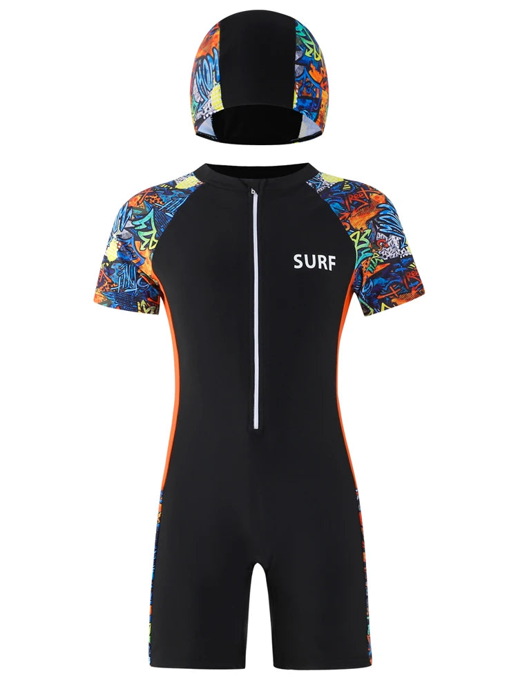 One Piece Boy Kids Swimsuit Solid Print Short Sleeves Children Swimwear Summer Zipper Beach Wear Bathing Suit Swimming