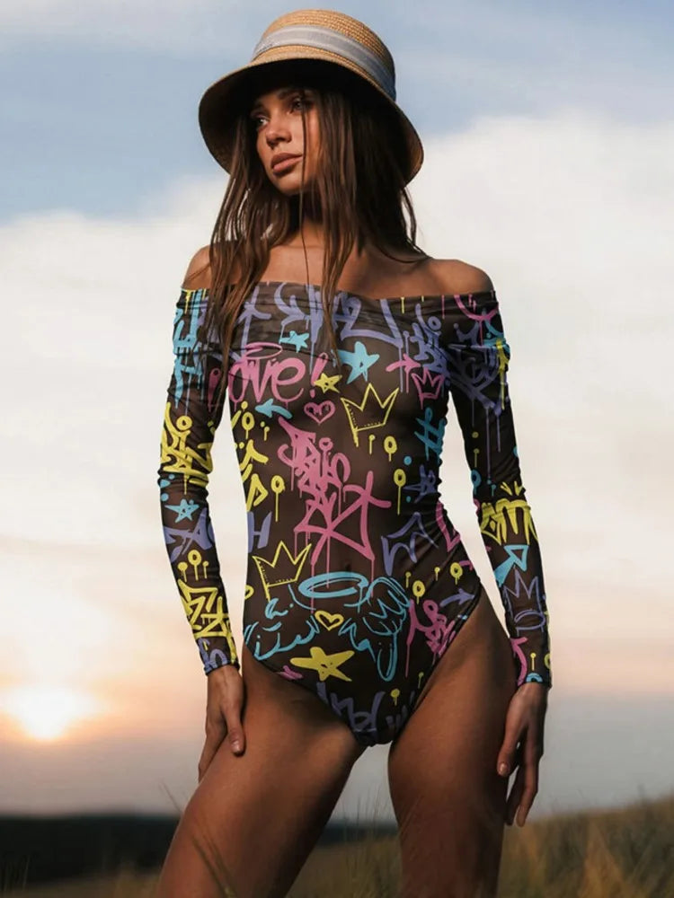 Mesh High Waist Rash Guard Swimsuit Women Summer Bathing Suit Long Sleeve Swimwear Beach Swimming Suit For Female