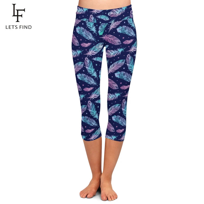 3D Feather Digital Print Leggings High Waist  Mid-Calf 3/4 Stretch Leggings Women Pants Summer New