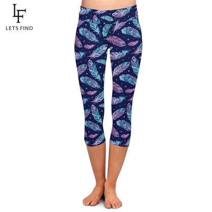 3D Feather Digital Print Leggings High Waist  Mid-Calf 3/4 Stretch Leggings Women Pants Summer New