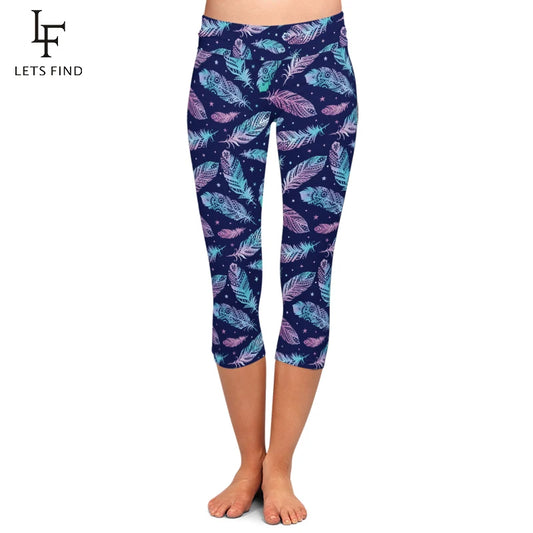 3D Feather Digital Print Leggings High Waist  Mid-Calf 3/4 Stretch Leggings Women Pants Summer New