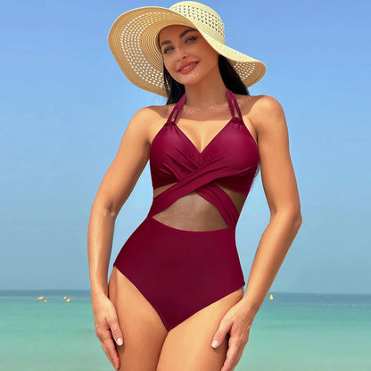 Pure Color Mesh Bikini Swimsuit One Piece Swimsuit Women's Summer