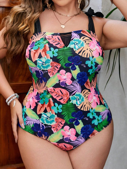 Large Plus Size One Piece Swimsuit Women Strappy Print Floral Swimwear Female Bathers Bathing Swimming Swim Suit Beachwear