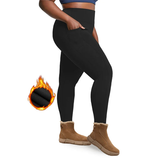 Plus Size Fleece Lined Leggings with Pockets for Women High Waist Winter Tummy Control Thermal Warm Yoga Pants