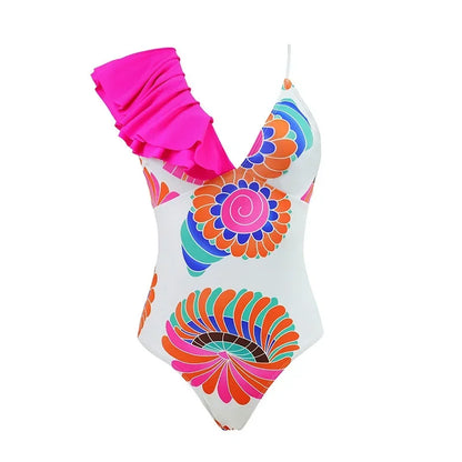 One Piece Swimsuit Swimwear Women Big Ruffle V-neck Print Beachwear Bathing Suit