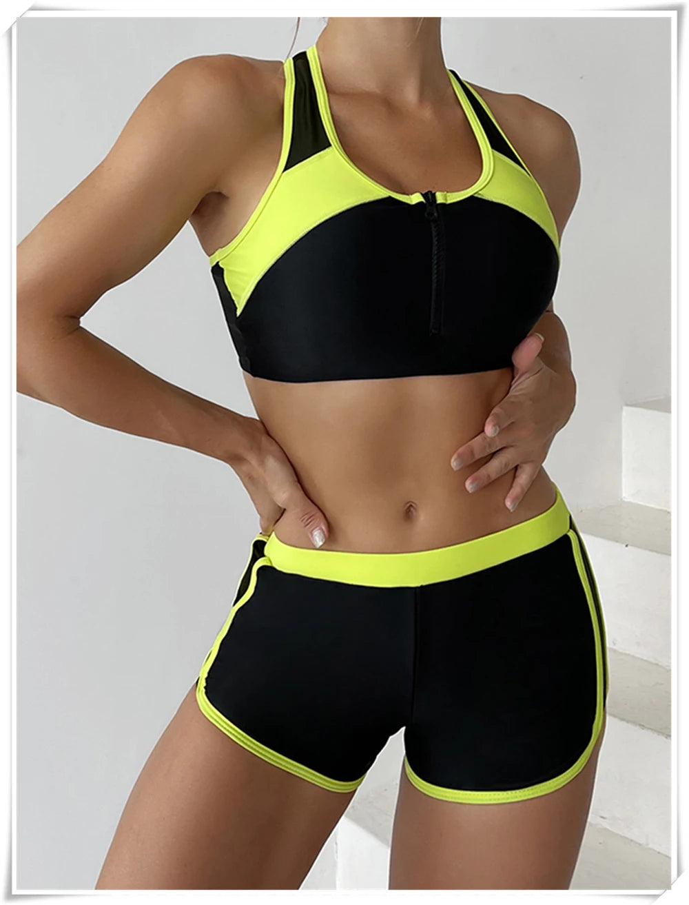 Two Piece Swimsuit Women Zipper Tankini Set High Waist Shorts Swimwear Female Bathing Swimming Suit Sports Beachwear Summer