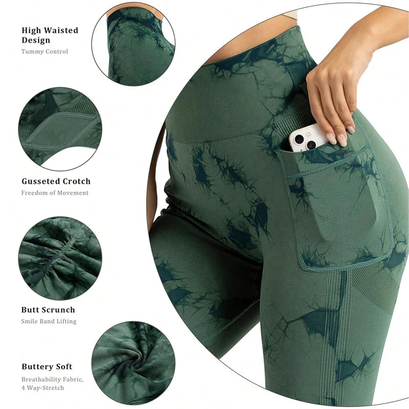 Plus Size High Elastic Sports Yoga Fitness Women's High-Waisted Peach Butt Casual Tight-Fitting Quick-Drying Slim Tie-Dye Seamless with Phone Pocket Pants