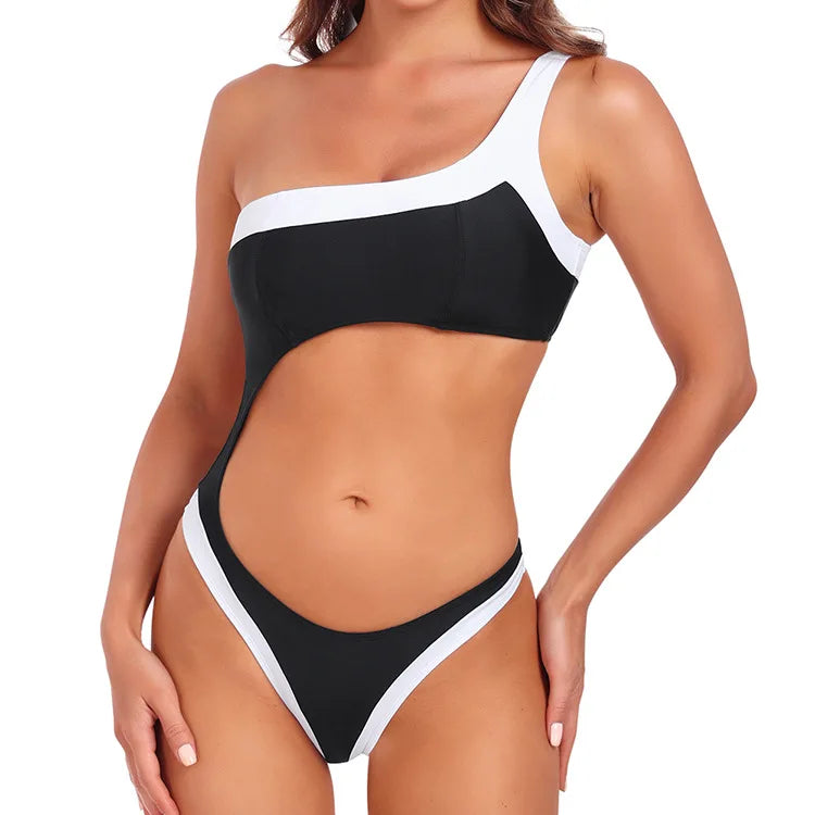 European Style Bikini Style Black & White Swimwear Single Shoulder Strap, Waist Hollow Out, Backless Asymmetrical Style for Women