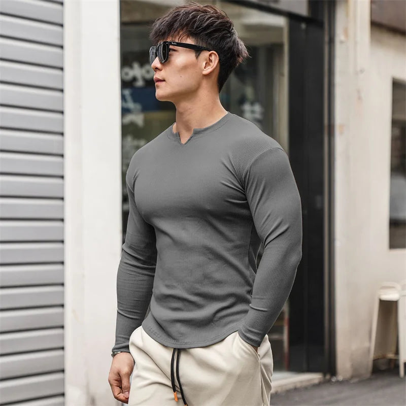 Fashion Casual Compression Shirt Large Sports Workout T-shirt Men's Elastic Long Sleeve Autumn V-Neck Gym