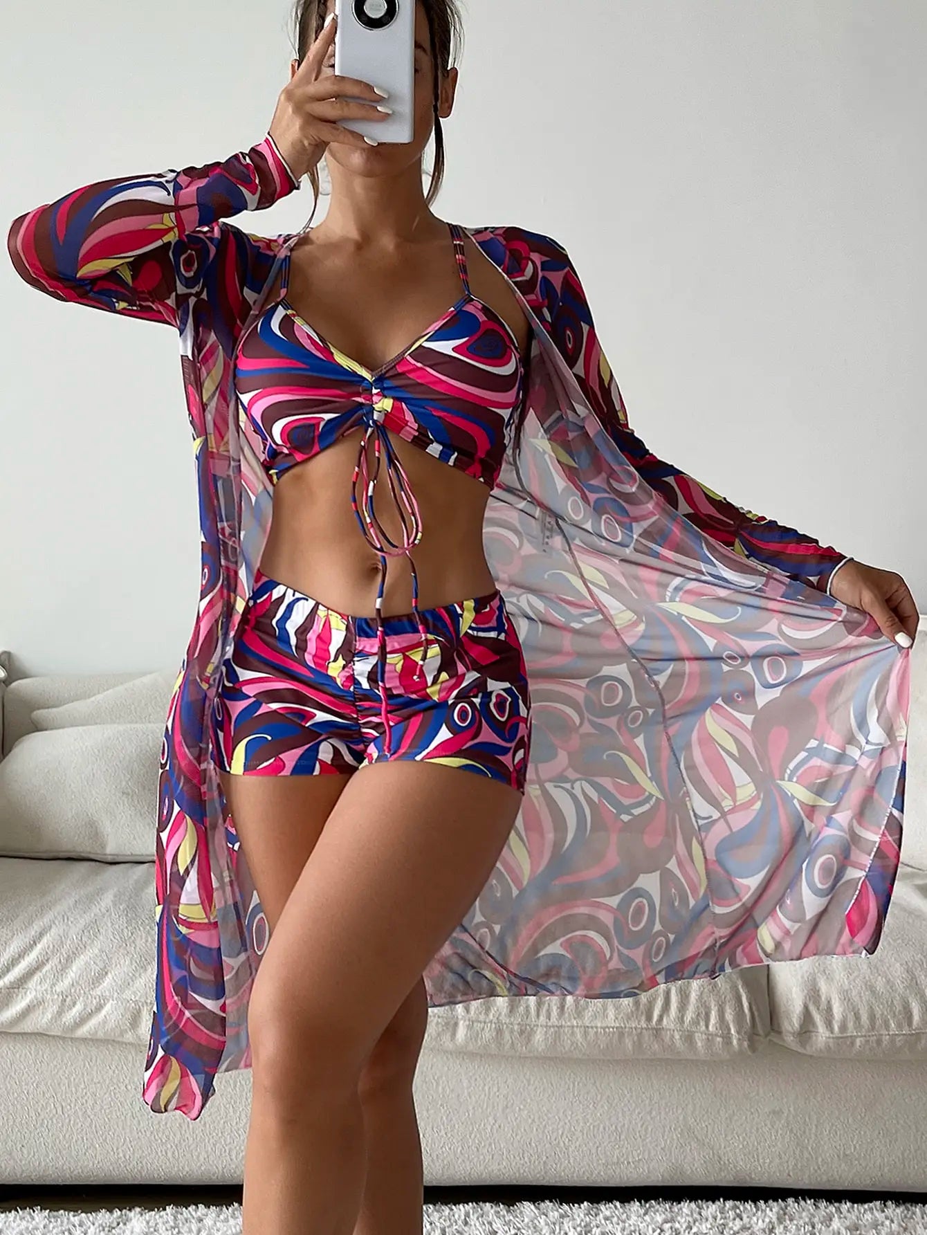 3 Pieces  Print Bikini Women High Waist Swimsuit Cover Up Swimwear Female Lady Bathing Suit Swimming Summer Beachwear