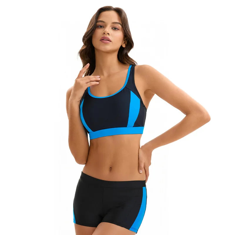 Two Piece Bikinis Swimsuits for Women Tummy Control Bathing Suit with Shorts Athletic Swimwear  Block Color Swimming Wear