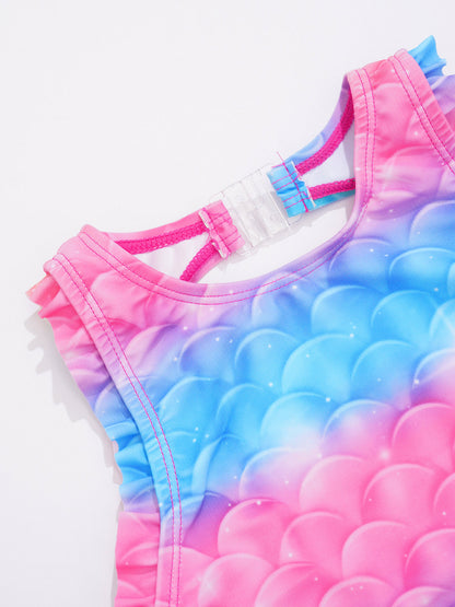 Kids Girls Mermaid Swimsuit Sleeveless Fish Scales Print Ruffle Flounce Jumpsuit Bathing Suit Pool Beach Athletic Swimwear