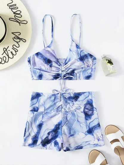 Separate Swimsuit Tie Dye Print Bikini Bathing Suit Women Tankini Set Drawstring Two-Piece Suits Shorts Swimwear Female