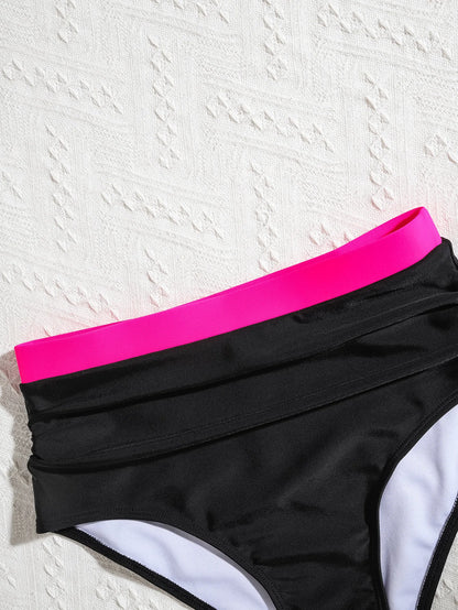 Vintage Black Patchwork Bikini Set Women Double Strap V Neck Push Up Pleated High Waist Swimsuit Beach Bathing Suit Swimwear