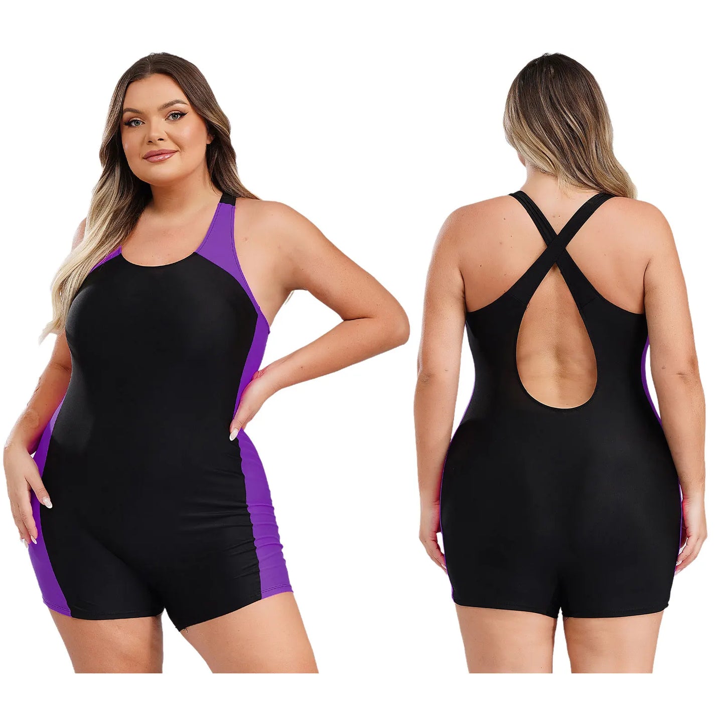 Women Swimsuit Plus Size One-piece Swimwear Swimming Jumpsuit U Neck Big Size Short Jumpsuit Bodysuit Pool Swimming Bathing Suit