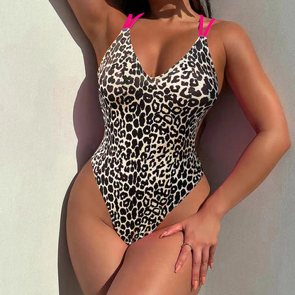 S - XL V Neck Leopard Printed One Piece Swimsuit Women Swimwear Female Backless High Cut Bather Bathing Suit Swim